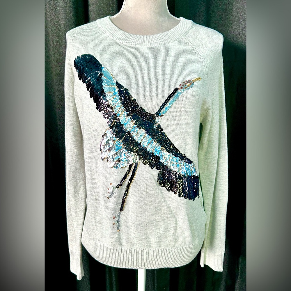 NWOT H&M Grey Sweater w/ Large Black, Silver Sequin Crane, Size S